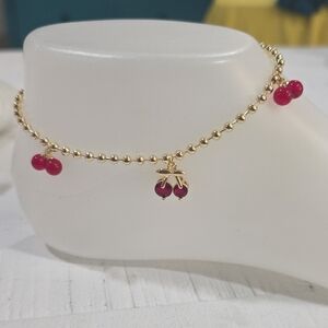 14k Gold Plated Cherry Charm Ankle Bracelet with Red Beads